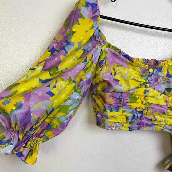 For Love & Lemons Cassia Crop Top Size Small Yellow Floral Puffed Sleeve - Picture 5 of 7